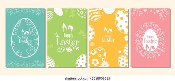 Set of Easter Vector Creative Greeting Card or Banner Design. Decorated Easter Eggs, Bunny Ears, Spring Flowers and Plants decorations. Painted and Ornamental Eggs. Creative Easter and Spring Frames. 