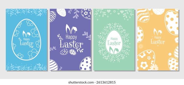 Set of Easter Vector Creative Greeting Card or Banner Design. Decorated Easter Eggs, Bunny Ears, Spring Flowers and Plants decorations. Painted and Ornamental Eggs. Creative Easter and Spring Frames. 