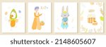set of easter vector design spring cards: chicken character juggling eggs, boy holding basket, cute bunny bouquet of carrots, Easter cake and spring decor