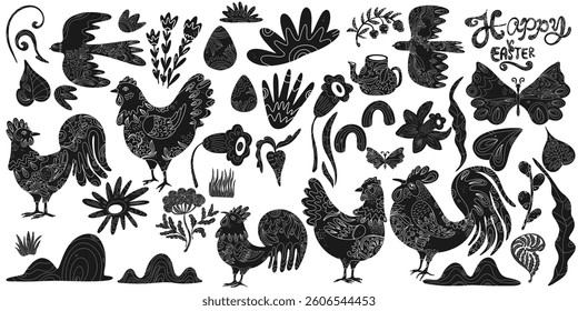 Set of Easter vector elements with decorative patterns. Silhouettes of animals, birds, flowers and Easter symbols. Black and white style, folk art