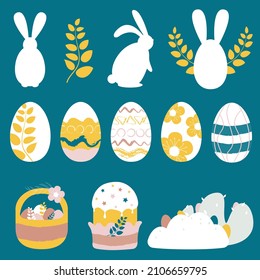 Set of Easter vector elements: rabbits, decorative painted eggs, basket, Easter cake, egg hunt. Flat illustration, objects are isolated on a blue background.