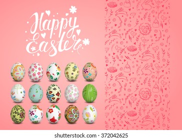 Set of Easter vector seamless pattern, realistic isolated eggs and handwritten inscription. Hand drawn elements.  Sketch chicken, rabbit, cake. Typography. Lettering.