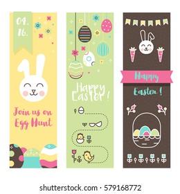 Set of Easter vertical banners. With main Easter symbols: bunny, eggs, chicken, flowers.
Modern line and flat style. Can be used for web sites, ads, apps, prints. 