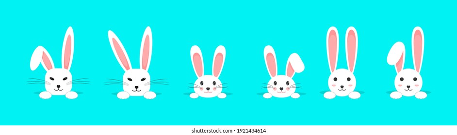 Set of Easter white rabbits looking out of the mink. Rabbit ears. Beautiful, cute rabbit. Vector illustration