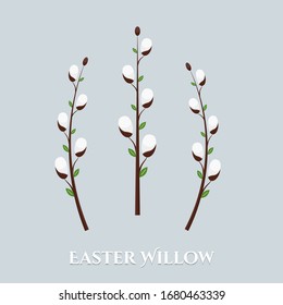 Set of Easter willow branches with leaves and fluffy buds. Collection of elements for holiday, Easter, spring design. Vector isolated on background illustration.