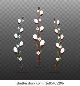 Set of Easter willow branches with leaves and fluffy buds. Collection of elements for holiday, Easter, spring design. Vector isolated on background illustration.