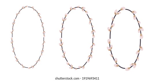Set of Easter willow wreaths. Oval wreath of willow stems.Vector flat illustration isolated on a white background. Design for invitations, postcards, and printing.