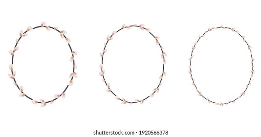 Set of Easter willow wreaths. Oval wreath of willow stems.Vector flat illustration isolated on a white background. Design for invitations, postcards, and printing.