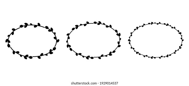Set of Easter willow wreaths.Oval floral wreath. Oval frame black silhouette. Vector flat illustration. Design for Easter, Weddings, invitations, printing