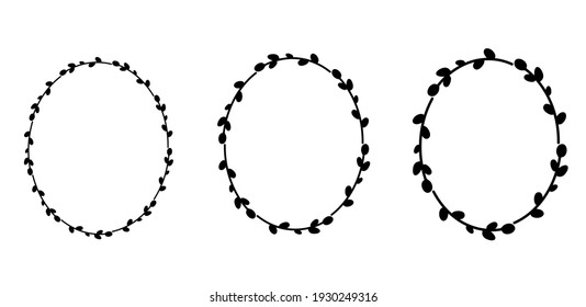 Set Of Easter Willow Wreaths.Oval Floral Wreath. Oval Frame Black Silhouette. Vector Flat Illustration. Design For Easter, Weddings, Invitations, Printing