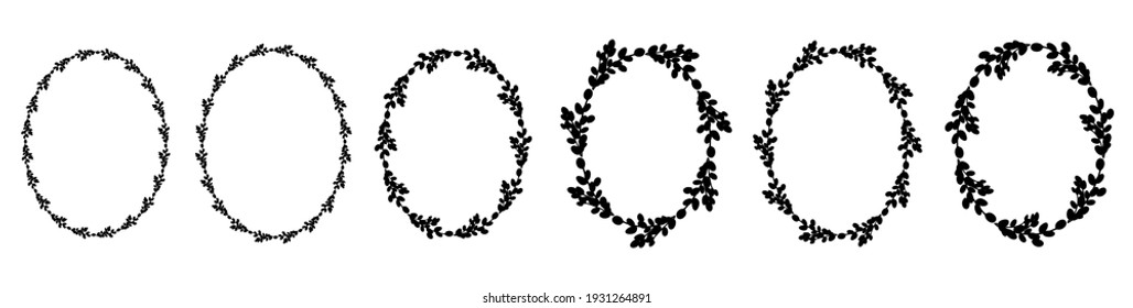 Set von Osterwildkränzen.Ovaler Blumenkranz. Ovale schwarze Silhouette. Vektorflache Illustration. Design für Ostern, Hochzeiten, Einladungen, Drucken