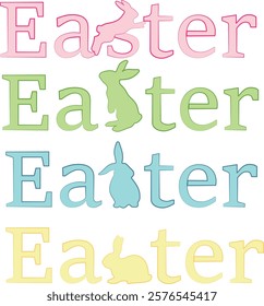 set of Easter word designs in different colors and rabbit shadow in different poses for holiday cards, banners or posters