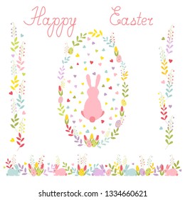 Set of Easter wreath with a cartoon rabbit ,horizontal border of tulips and eggs, two vertical ornaments. Isolated vector illustration.