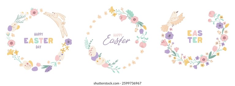 Set Easter wreaths with cute rabbit, bird, eggs, spring flowers and branches on white background. Decorative frame with lettering. Design for your greeting cards, banners, flyers. Vector illustration