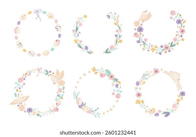 Set Easter wreaths with cute rabbit, bird, eggs, spring flowers on white background. Decorative frame with Easter graphic elements. Design for greeting cards, banners, flyers. Vector illustration