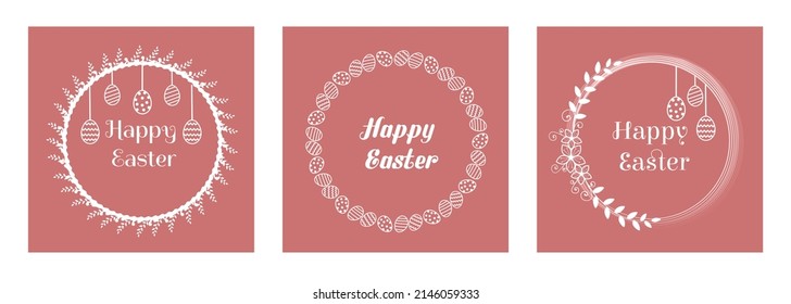 Set of Easter wreaths on a pink background. Greeting stickers with easter symbols.Spring holiday concept. Vector illustration.