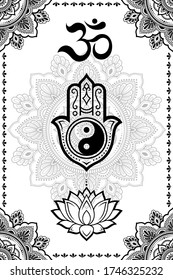 Set of Eastern ethnic religious symbols. Mandala, Hamsa, OM mantra, Yin Yang, Lotus flower. Decorative pattern for henna, mehndi, tattoos, room decoration. Outline doodle vector illustration.