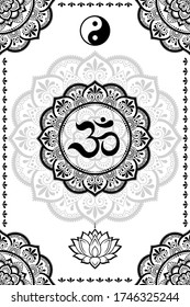 Set of Eastern ethnic religious symbols. Mandala with OM mantra, Yin Yang, Lotus flower. Decorative pattern for henna, mehndi, tattoos, room decoration. Outline doodle vector illustration.