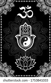 Set of Eastern ethnic religious symbols. Mandala, Hamsa, OM mantra, Yin Yang, Lotus flower. Decorative pattern for henna, mehndi, tattoos, room decoration. Outline doodle vector illustration.