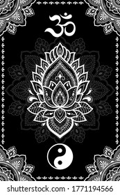 Set of Eastern ethnic religious symbols. Mandala, Lotus flower, OM mantra and Yin Yang. Decorative pattern for henna, mehndi, tattoos, room decoration. Outline doodle vector illustration.