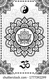 Reihe ethnischer religiöser Symbole aus dem Osten. Mandala mit OM Mantra, Yin Yang, Lotus fllower. Dekorative Muster für Henna, Mehndi, Tattoos, Zimmerdekoration. Umrissdoodle, Vektorgrafik.