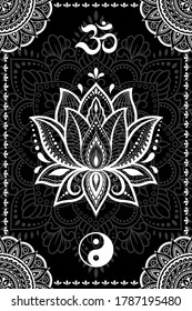 Set of Eastern ethnic religious symbols. Mandala with OM mantra, Yin Yang, Lotus flower. Decorative pattern for henna, mehndi, tattoos, room decoration. Outline doodle vector illustration.