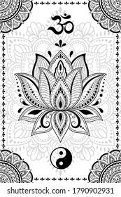 Set of Eastern ethnic religious symbols. Mandala with OM mantra, Yin Yang, Lotus flower. Decorative pattern for henna, mehndi, tattoos, room decoration. Outline doodle vector illustration.
