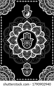 Set of Eastern ethnic religious symbols. Mandala, Hamsa, OM mantra, Yin Yang, Lotus flower. Decorative pattern for henna, mehndi, tattoos, room decoration. Outline doodle vector illustration.