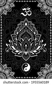 Set of Eastern ethnic religious symbols. Mandala with OM mantra, Yin Yang, Lotus flower. Decorative pattern for henna, mehndi, tattoos, room decoration. Outline doodle vector illustration.