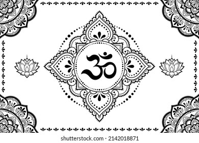 Set of Eastern ethnic religious symbols. Mandala with OM mantra, Lotus flower. Decorative pattern for henna, mehndi, tattoos, room decoration. Outline doodle vector illustration.
