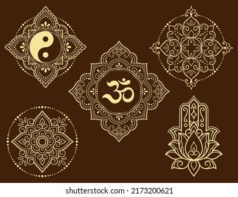 Set of Eastern ethnic religious symbols. Mandala with OM mantra, Yin Yang, Lotus flower. Decorative pattern for henna, mehndi, tattoos, room decoration. Outline doodle vector illustration.