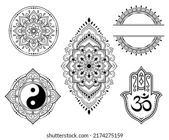 Set of Eastern ethnic religious symbols. Mandala with OM mantra, Yin Yang, Lotus flower. Decorative pattern for henna, mehndi, tattoos, room decoration. Outline doodle vector illustration.