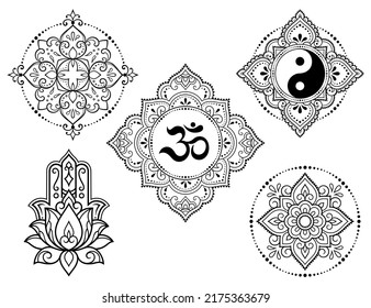 Set of Eastern ethnic religious symbols. Mandala with OM mantra, Yin Yang, Lotus flower. Decorative pattern for henna, mehndi, tattoos, room decoration. Outline doodle vector illustration.