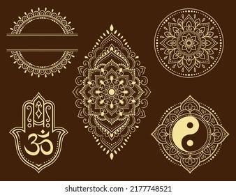 Reihe ethnischer religiöser Symbole aus dem Osten. Mandala mit OM Mantra, Yin Yang, Lotus fllower. Dekorative Muster für Henna, Mehndi, Tattoos, Zimmerdekoration. Umrissdoodle, Vektorgrafik.