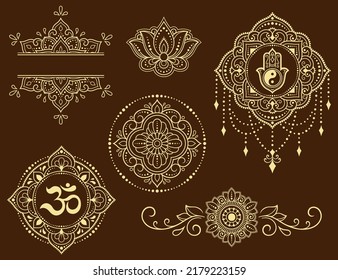 Set of Eastern ethnic religious symbols. Mandala with OM mantra, Yin Yang, Lotus flower. Decorative pattern for henna, mehndi, tattoos, room decoration. Outline doodle vector illustration.