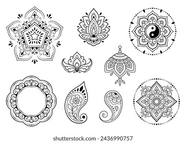 Conjunto de símbolos religiosos étnicos orientales. Mandala con Yin Yang, flor de loto. Patrón decorativo para henna, mendi, tatuajes, decoración de la habitación. Ilustración vectorial de garabato.