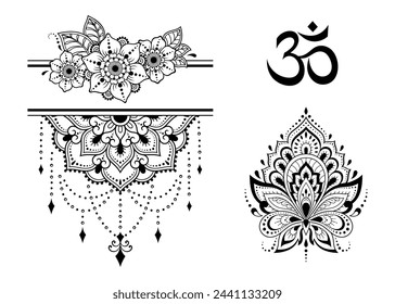 Set of Eastern ethnic religious symbols. Mandala with Lotus flower, symbol OM and butterfly. Decorative pattern for henna, mehndi, tattoos, room decoration. Outline doodle vector illustration.