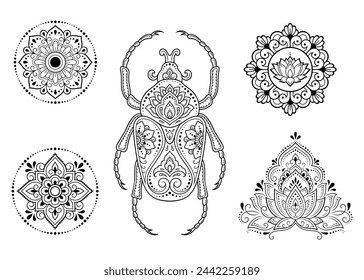Set of Eastern ethnic religious symbols. Mandala with Lotus flower and bug. Decorative pattern for henna, mehndi, tattoos, room decoration. Outline doodle vector illustration.