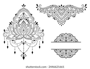 Set of Eastern ethnic religious symbols. Mandala and Lotus flower. Decorative pattern for henna, mehndi, tattoos, room decoration. Outline doodle vector illustration.