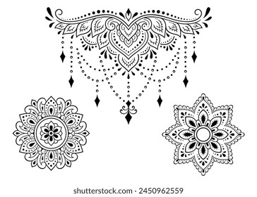 Set of Eastern ethnic religious symbols. Mandala and Lotus flower. Decorative pattern for henna, mehndi, tattoos, room decoration. Outline doodle vector illustration.