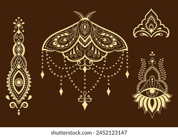 Set of Eastern ethnic religious symbols. Mandala with Lotus flower and butterfly. Decorative pattern for henna, mehndi, tattoos, room decoration. Outline doodle vector illustration.