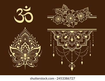 Set of Eastern ethnic religious symbols. Mandala with Lotus flower, symbol OM and butterfly. Decorative pattern for henna, mehndi, tattoos, room decoration. Outline doodle vector illustration.