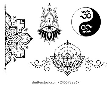 Set of Eastern ethnic religious symbols. Mandala with OM mantra, Yin Yang, Lotus flower. Decorative pattern for henna, mehndi, tattoos, room decoration. Outline doodle vector illustration.