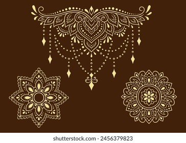 Set of Eastern ethnic religious symbols. Mandala and Lotus flower. Decorative pattern for henna, mehndi, tattoos, room decoration. Outline doodle vector illustration.