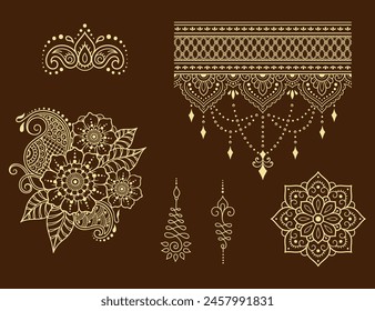 Set of Eastern ethnic religious symbols. Mandala and Lotus flower. Decorative pattern for henna, mehndi, tattoos, room decoration. Outline doodle vector illustration.