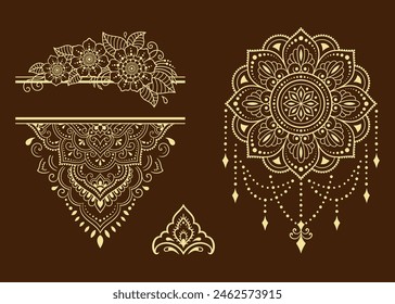 Set of Eastern ethnic religious symbols. Mandala and Lotus flower. Decorative pattern for henna, mehndi, tattoos, room decoration. Outline doodle vector illustration.