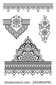 Set of Eastern ethnic religious symbols. Mandala and Lotus flower. Decorative pattern for henna, mehndi, tattoos, room decoration. Outline doodle vector illustration.