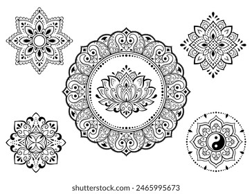 Set of Eastern ethnic religious symbols. Mandala with Yin Yang, Lotus flower. Decorative pattern for henna, mehndi, tattoos, room decoration. Outline doodle vector illustration.