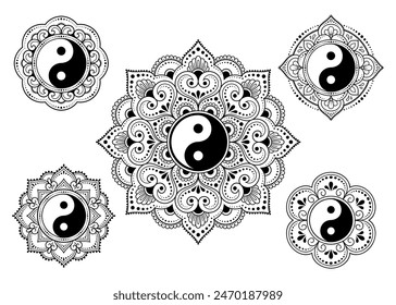 Conjunto de símbolos religiosos étnicos orientales. Mandala con Yin Yang. Patrón decorativo para henna, mendi, tatuajes, decoración de la habitación. Ilustración vectorial de garabatos.