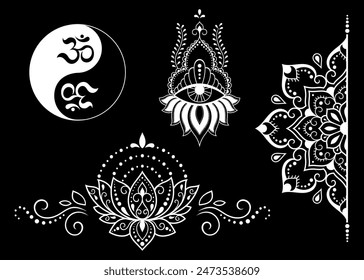 Set of Eastern ethnic religious symbols. Mandala with OM mantra, Yin Yang, Lotus flower. Decorative pattern for henna, mehndi, tattoos, room decoration. Outline doodle vector illustration.